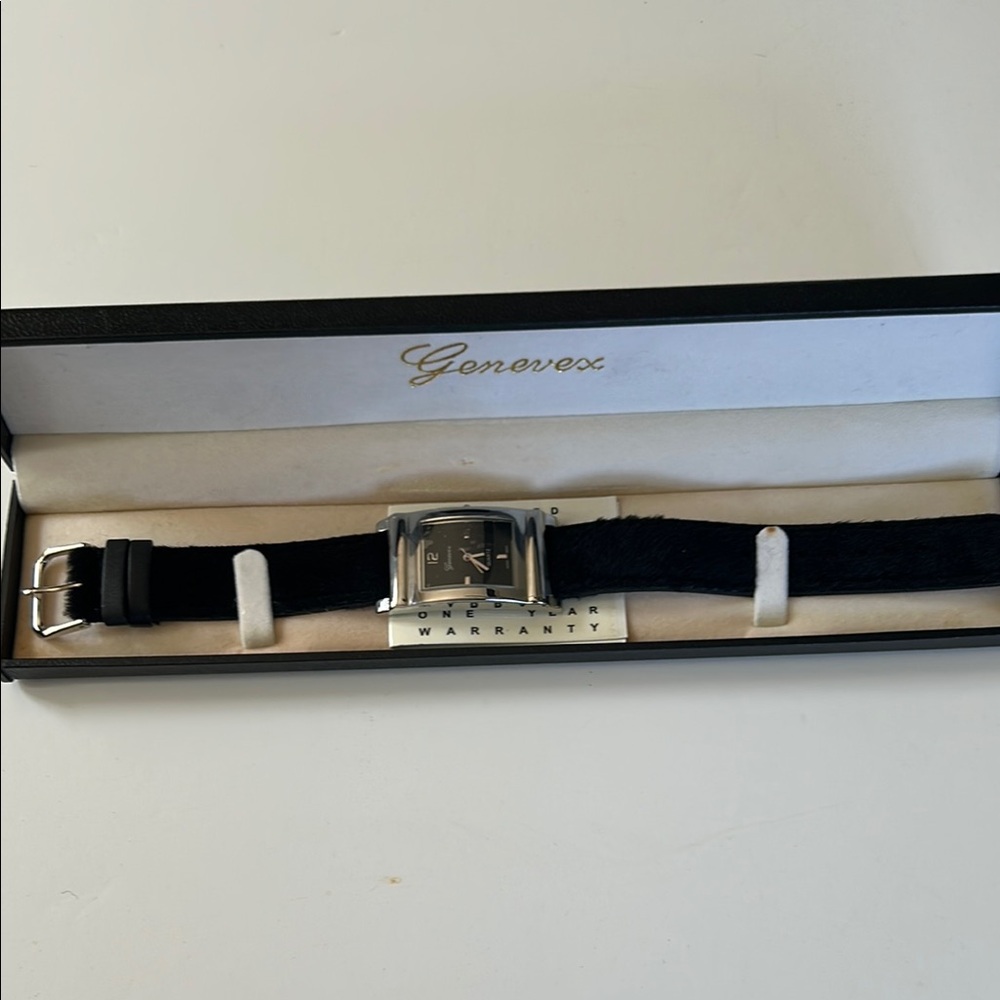 NIB Genevex Rectangle Face Watch Faux Fur Black Band